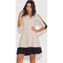 Elegancka Beżowo-Czarna Sukienka z Rękawem 3/4 z Kolorowymi Lamówkami. Czarne sukienki damskie marki Molly.pl, do pracy, s, bez wzorów, z tkaniny, eleganckie, z kontrastowym kołnierzykiem, bez rękawów, rozkloszowane. Za 139,00 zł.