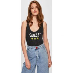 Guess Jeans - Top. Czarne bluzki damskie Guess Jeans, s, z nadrukiem, z bawełny, z okrągłym kołnierzem, bez rękawów. W wyprzedaży za 159,90 zł.