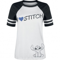 Lilo & Stitch I Heart Stitch Koszulka damska czarny/biały. Czarne koszulki damskie marki Lilo & Stitch, l, z nadrukiem, klasyczne, z okrągłym kołnierzem. Za 99,90 zł.