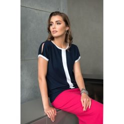 Damska Dzianinowa Bluzka Krótki Rękaw Granat. Niebieskie bluzki damskie Veva, s, bez wzorów, z wiskozy, eleganckie, bez kołnierzyka, z krótkim rękawem. Za 169,00 zł.