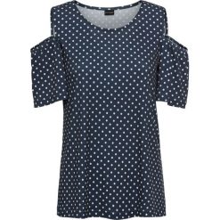 Shirt z wycięciami na ramionach bonprix ciemnoniebiesko-biały w kropki. Niebieskie koszulki damskie marki bonprix, bez wzorów, z dżerseju, bez kołnierzyka. Za 49,99 zł.