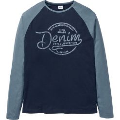 Shirt z długimi rękawami reglanowymi bonprix ciemnoniebiesko-dymny niebieski. Niebieskie koszulki męskie bonprix, xl, bez wzorów, z okrągłym kołnierzem, z długim rękawem, długie. Za 44,99 zł.