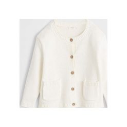 Mango Kids - Kardigan Bonita 80-104 cm. Żółte swetry dziewczęce z bawełny, z okrągłym kołnierzem. Za 59,90 zł.
