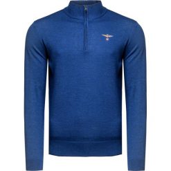Sweter AERONAUTICA MILITARE Niebieski. Niebieskie swetry klasyczne męskie marki Aeronautica Militare, z haftami, z okrągłym kołnierzem. Za 632,00 zł.