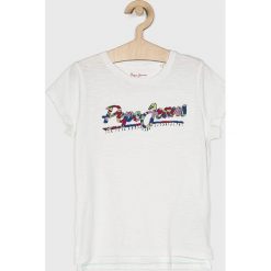 Pepe Jeans - Top dziecięcy 128-178/180 cm. Białe bluzki dziewczęce Pepe Jeans, z aplikacjami, z bawełny, z okrągłym kołnierzem, z krótkim rękawem, krótkie, bez kaptura. Za 139,90 zł.