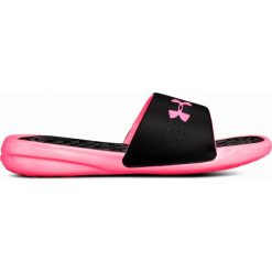 Under Armour czarne Klapki Ua Debiut Fix Sl W 3000063-001. Czarne klapki damskie Under Armour, w paski, z materiału, bez obcasa. W wyprzedaży za 179,00 zł.