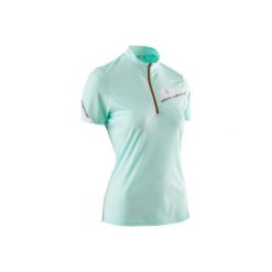 Koszulka do biegania krótki rękaw TRAIL damska. Zielone bluzki damskie KALENJI, bez wzorów, z elastanu, bez kołnierzyka. Za 49,99 zł.