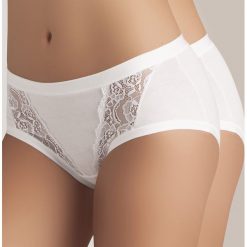 Dwupak klasycznych bawełnianych fig Anna. Brązowe majtki damskie COTONELLA, w koronkowe wzory, z bawełny. Za 33,14 zł.