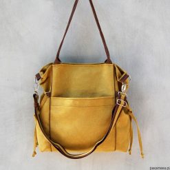 AMBER - duża torba - shopper - musztarda i brąz. Żółte shopper bag damskie Pakamera, z tkaniny, na ramię, duże. Za 151,00 zł.