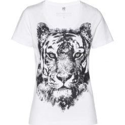 Shirt z nadrukiem tygrysa bonprix biało-czarny. Białe koszulki damskie bonprix, z nadrukiem, bez kołnierzyka. Za 34,99 zł.