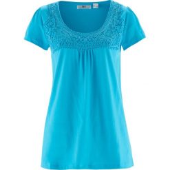 Shirt bawełniany z koronką i krótkim rękawem bonprix błękit laguny. Niebieskie koszulki damskie bonprix, w koronkowe wzory, z bawełny, bez kołnierzyka. Za 59,99 zł.