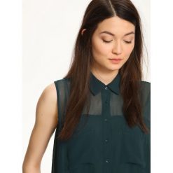 Bluzka bez rękawów luźna. Zielone bluzki damskie TROLL, s, bez wzorów, z tkaniny, eleganckie, z koszulowym kołnierzykiem, bez rękawów. W wyprzedaży za 29,99 zł.