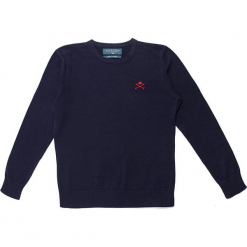 Sweter w kolorze granatowym. Niebieskie swetry chłopięce marki Polo Club Women & Kids, z haftami, z okrągłym kołnierzem. W wyprzedaży za 108,95 zł.