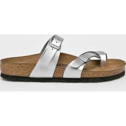 Birkenstock - Klapki. Szare klapki damskie Birkenstock, bez wzorów, ze skóry, bez obcasa, na obcasie. Za 269,90 zł.