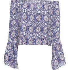 Bluzka bonprix czerwono-niebiesko-biały. Czerwone bluzki z odkrytymi ramionami bonprix, z kołnierzem typu carmen. Za 49,99 zł.