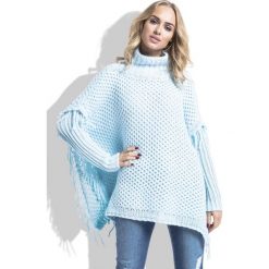 Niebieski Sweter Ponczo z Frędzlami. Niebieskie poncza damskie Molly.pl, s, bez wzorów, z jeansu, bez rękawów. Za 168,90 zł.