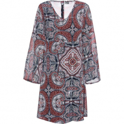 Sukienka bonprix ciemnoniebieski z kolorowym nadrukiem. Niebieskie sukienki damskie bonprix, z nadrukiem, boho, bez kołnierzyka, bez rękawów, długie, rozkloszowane. Za 89,99 zł.