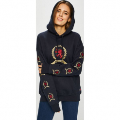 Tommy Jeans - Bluza. Niebieskie bluzy damskie Tommy Jeans, s, z nadrukiem, z bawełny, bez rękawów, z kapturem. Za 649,90 zł.