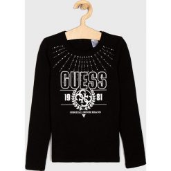Guess Jeans - Longsleeve dziecięcy 118 - 175 cm. Czarne bluzki dziewczęce Guess Jeans, z nadrukiem, z elastanu, z okrągłym kołnierzem, z długim rękawem, długie, bez kaptura. W wyprzedaży za 79,90 zł.