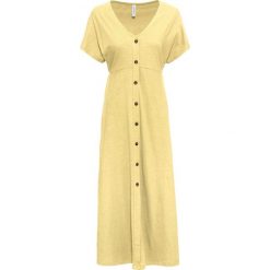 Sukienka shirtowa z plisą guzikową bonprix jasnożółty. Żółte sukienki damskie bonprix, bez wzorów, bez kołnierzyka, z długim rękawem, długie, maxi, plisowane. Za 27,99 zł.