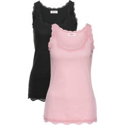 Top w prążek (2 szt.) bonprix pudrowy jasnoróżowy - czarny. Różowe topy damskie marki bonprix, w koronkowe wzory, z koronki, z okrągłym kołnierzem. Za 59,98 zł.