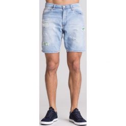 Niebieskie szorty Versace Jeans. Niebieskie spodenki i szorty męskie Versace Jeans, m, z aplikacjami, z bawełny. Za 409,50 zł.