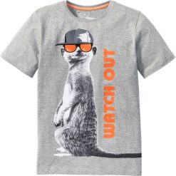 Shirt z modnym nadrukiem bonprix jasnoszary melanż. Szare koszule chłopięce bonprix, z nadrukiem, z dresówki, z okrągłym kołnierzem, z krótkim rękawem, krótkie. Za 29,99 zł.