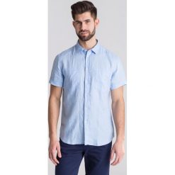 Niebieska lniana koszula męska z krótkim rękawem - Niebieski. Niebieskie koszule męskie Trussardi Jeans, m, bez wzorów, bez kołnierzyka, z krótkim rękawem. Za 187,60 zł.