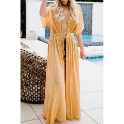 Tunika plażowa JIMENA MUSTARD. Żółte tuniki plażowe damskie IVET, na plażę, bez wzorów, bez kołnierzyka, bez rękawów. W wyprzedaży za 69,00 zł.