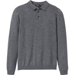 Sweter polo z dzianiny o gładkim splocie drobnych oczek bonprix szary melanż. Szare swetry męskie bonprix, s, bez wzorów, z dzianiny, polo, bez kaptura. Za 74,99 zł.