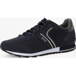 BOSS - Tenisówki męskie z dodatkiem skóry – Parkour, niebieski. Niebieskie trampki męskie Boss, bez wzorów, ze skóry, eleganckie, bez zapięcia. Za 749,95 zł.