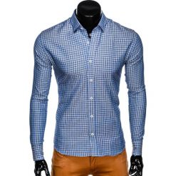 KOSZULA MĘSKA W KRATĘ Z DŁUGIM RĘKAWEM K440 - GRANATOWA/ŻÓŁTA. Żółte koszule męskie Ombre Clothing, s, bez wzorów, z bawełny, bez kołnierzyka, z długim rękawem. Za 29,00 zł.