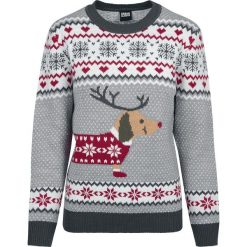 Urban Classics Ladies Sausage Dog Christmas Sweater Sweter z dzianiny szary/biały/czerwony. Szare bluzy damskie marki Urban Classics, xl, bez wzorów, z dzianiny, bez rękawów, bez kaptura. Za 164,90 zł.