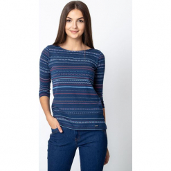 Granatowa bluzka w etniczny wzór QUIOSQUE. Niebieskie bluzki longsleeves QUIOSQUE, z nadrukiem, z dzianiny, klasyczne, z dekoltem w łódkę. Za 79,99 zł.