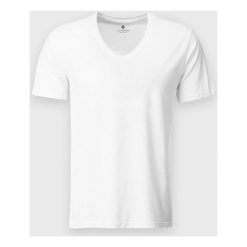 Męska koszulka v-neck (bez nadruku, gładka) - biała. Białe koszulki męskie MegaKoszulki, m, z nadrukiem, z bawełny, klasyczne, bez kołnierzyka, bez rękawów. Za 34,90 zł.
