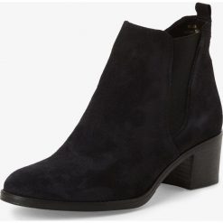 Tamaris - Skórzane botki damskie, niebieski. Niebieskie botki damskie Tamaris, eleganckie, bez obcasa, bez zapięcia. Za 329,95 zł.