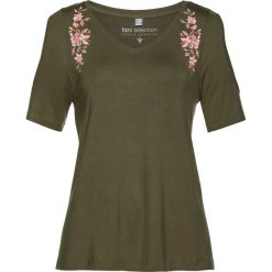 Shirt z wycięciami na ramionach bonprix ciemnooliwkowo-łososiowy pomarańczowy. Zielone koszulki damskie bonprix, bez wzorów, bez kołnierzyka, bez rękawów. Za 64,99 zł.