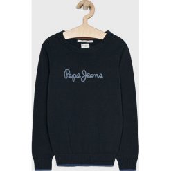 Pepe Jeans - Sweter dziecięcy Mel 128-180 cm. Niebieskie swetry chłopięce Pepe Jeans, z nadrukiem, z bawełny, z okrągłym kołnierzem. W wyprzedaży za 169,90 zł.
