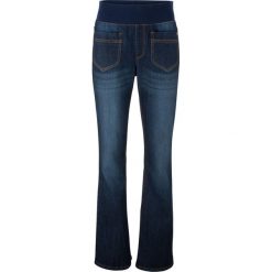 Dżinsy ze stretchem i szerokim paskiem z dżerseju BOOTCUT bonprix ciemny denim. Czarne jeansy damskie bonprix. Za 99,99 zł.