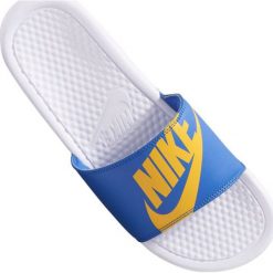 Niebieskie Klapki Nike Benassi Jdi Print 631261-104. Niebieskie klapki męskie Nike, w paski, z dzianiny. Za 169,00 zł.
