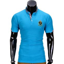 KOSZULKA MĘSKA POLO Z NADRUKIEM S849 - TURKUSOWA. Niebieskie koszulki polo Ombre Clothing, m, z aplikacjami. Za 29,00 zł.