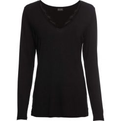 Shirt z długim rękawem i koronkową wstawką bonprix czarny. Czarne koszulki damskie marki bonprix, na co dzień, bez wzorów, z koronki, bez kołnierzyka, z długim rękawem. Za 54,99 zł.
