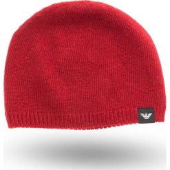 CZAPKA EMPORIO ARMANI. Czerwone czapki męskie z aplikacjami, z kaszmiru. Za 369,00 zł.