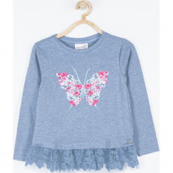 Koszulka. Niebieskie bluzki dziewczęce bawełniane HEART SMILE, z aplikacjami, z długim rękawem. Za 59,90 zł.