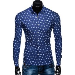 KOSZULA MĘSKA Z DŁUGIM RĘKAWEM K455 - GRANATOWA. Niebieskie koszule męskie Ombre Clothing, m, bez wzorów, z bawełny, bez kołnierzyka, z długim rękawem. Za 49,00 zł.
