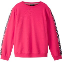 Bluza z wstawką z cekinami bonprix różowy hibiskus. Różowe bluzy dziewczęce bonprix, bez wzorów, bez rękawów, bez kaptura. Za 54,99 zł.