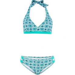 Bikini z ramiączkami wiązanymi na szyi (2 części) bonprix turkusowo-niebieskozielony wzorzysty. Niebieskie stroje kąpielowe damskie bonprix, bez wzorów. Za 74,99 zł.