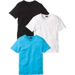 T-shirt z dekoltem w serek (3 szt.) bonprix biały + turkusowy + czarny. Białe koszulki męskie bonprix, s, bez wzorów, z dekoltem w serek. Za 74,97 zł.