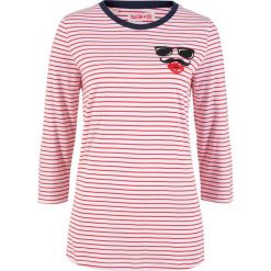 Shirt bawełniany z rękawami 3/4, z kolekcji Maite Kelly bonprix biało-truskawkowy w paski. Białe koszulki damskie bonprix, na co dzień, w paski, z bawełny, bez kołnierzyka, bez rękawów. Za 54,99 zł.