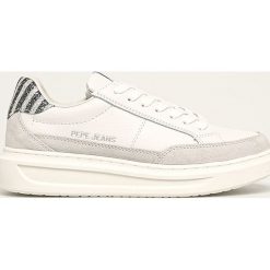 Pepe Jeans - Buty skórzane Abbey Lines. Białe buty sportowe damskie Pepe Jeans, bez wzorów, z jeansu, sportowe. W wyprzedaży za 259,90 zł.
